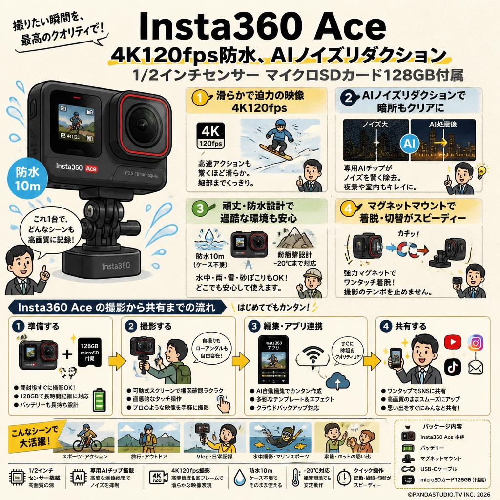Insta360 Ace - 4K120fps防水、AIノイズリダクション1/2インチセンサーマイクロSDカード128GB付属 概要