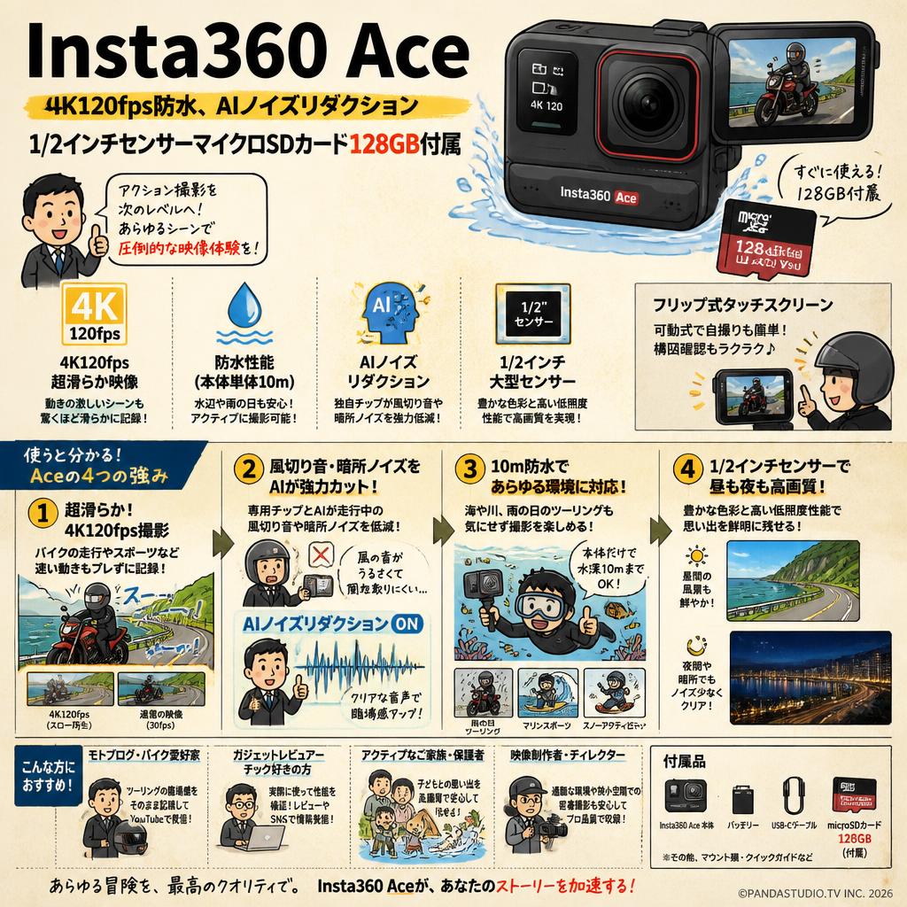 Insta360 Ace - 4K120fps防水、AIノイズリダクション1/2インチセンサーマイクロSDカード128GB付属 おもな対象のお客様