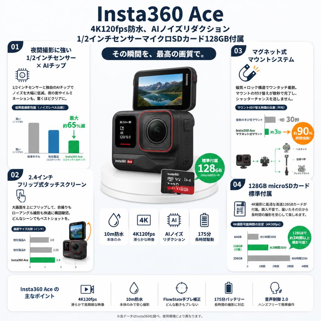 Insta360 Ace - 4K120fps防水、AIノイズリダクション1/2インチセンサーマイクロSDカード128GB付属 セールスポイント