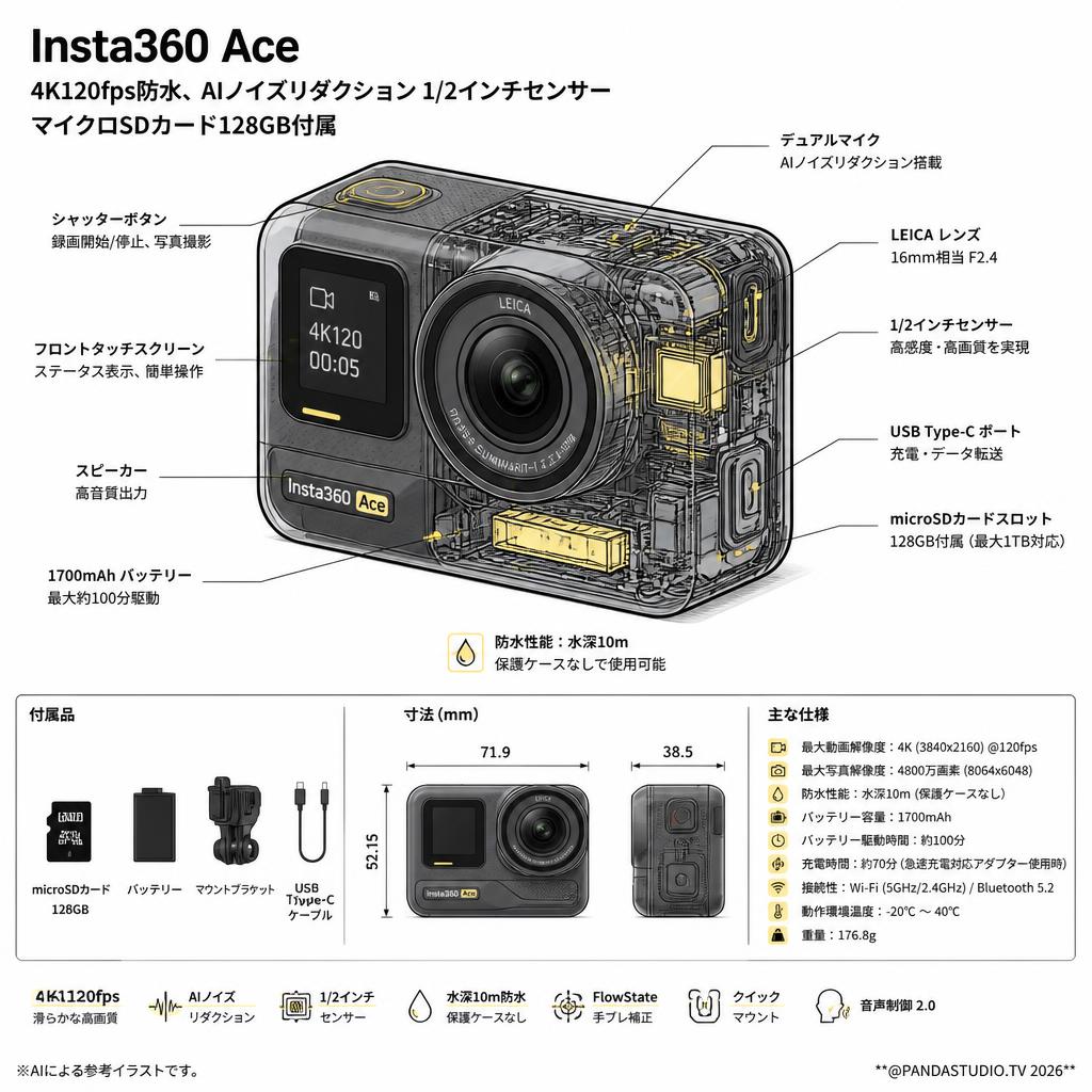 Insta360 Ace - 4K120fps防水、AIノイズリダクション1/2インチセンサーマイクロSDカード128GB付属 スペック