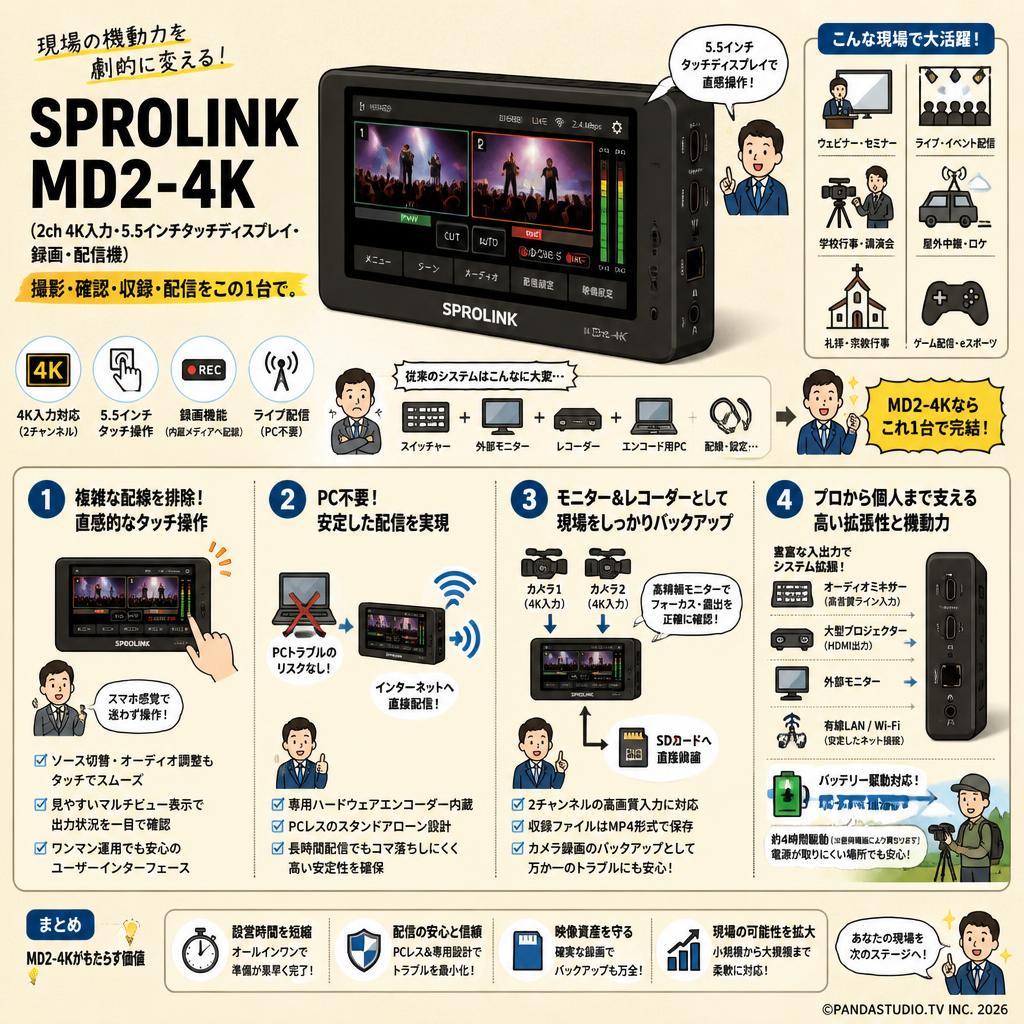 SPROLINK MD2-4K （2ch 4K入力・5.5インチタッチディスプレイ・録画・配信機） 概要