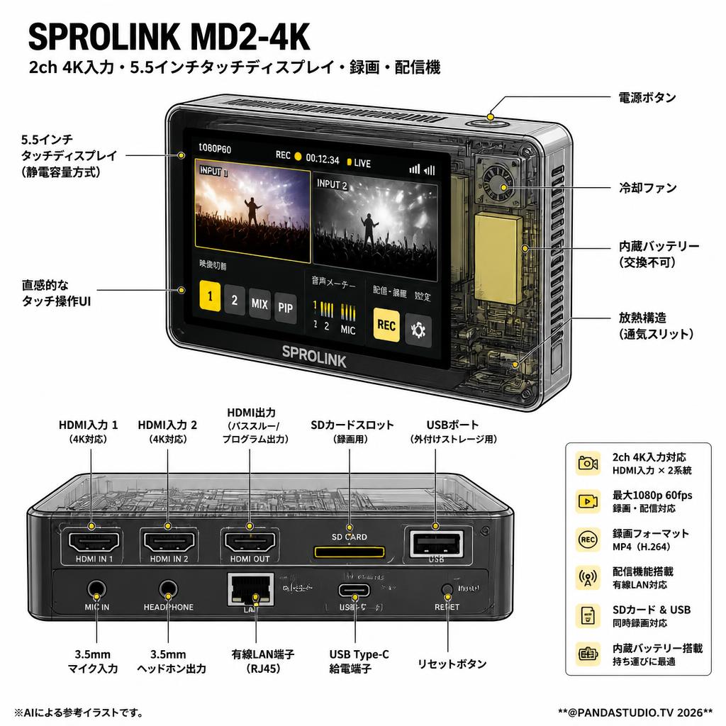 SPROLINK MD2-4K （2ch 4K入力・5.5インチタッチディスプレイ・録画・配信機） スペック