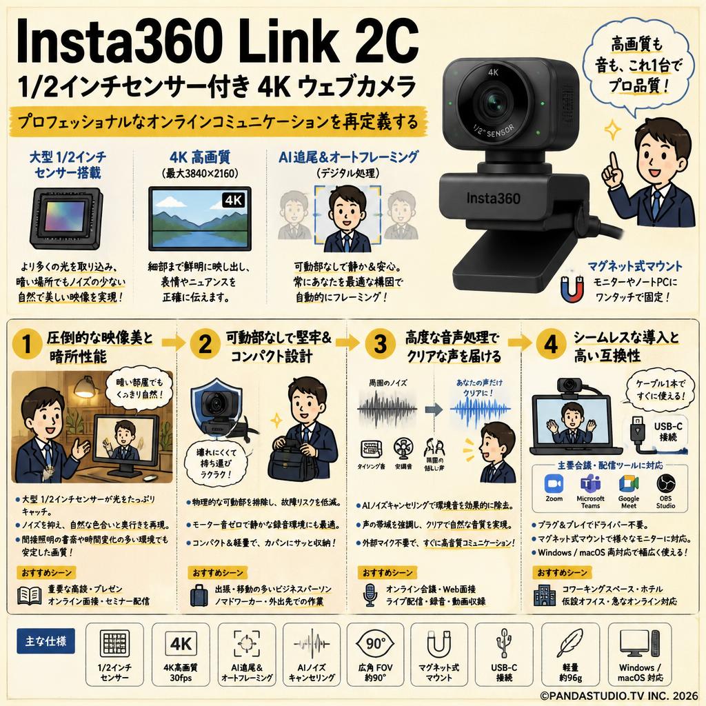 Insta360 Link 2C 1/2インチセンサー付き 4K ウェブカメラ 概要