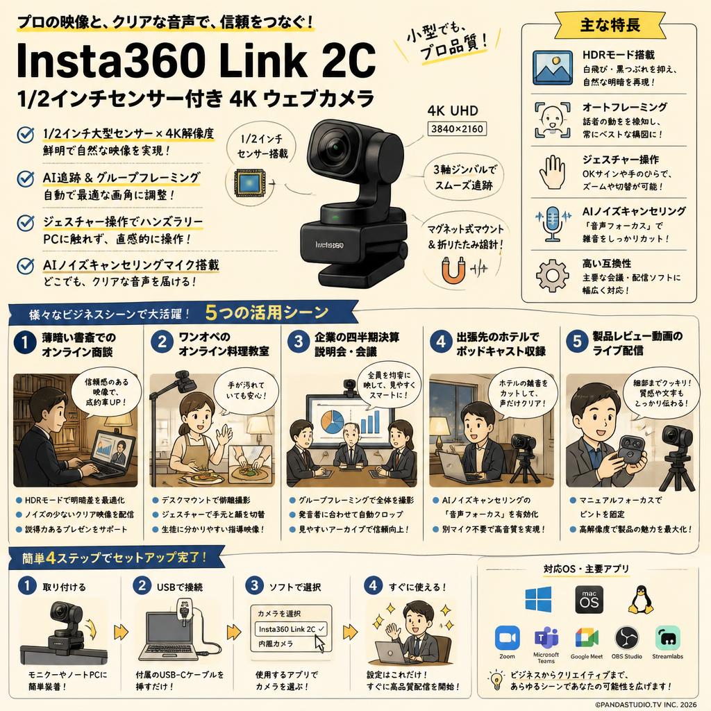 Insta360 Link 2C 1/2インチセンサー付き 4K ウェブカメラ 用途