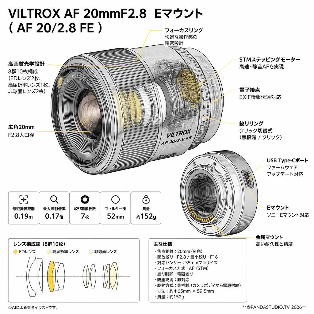 VILTROX AF 20mmF2.8  Eマウント ( AF 20/2.8 FE ) スペック