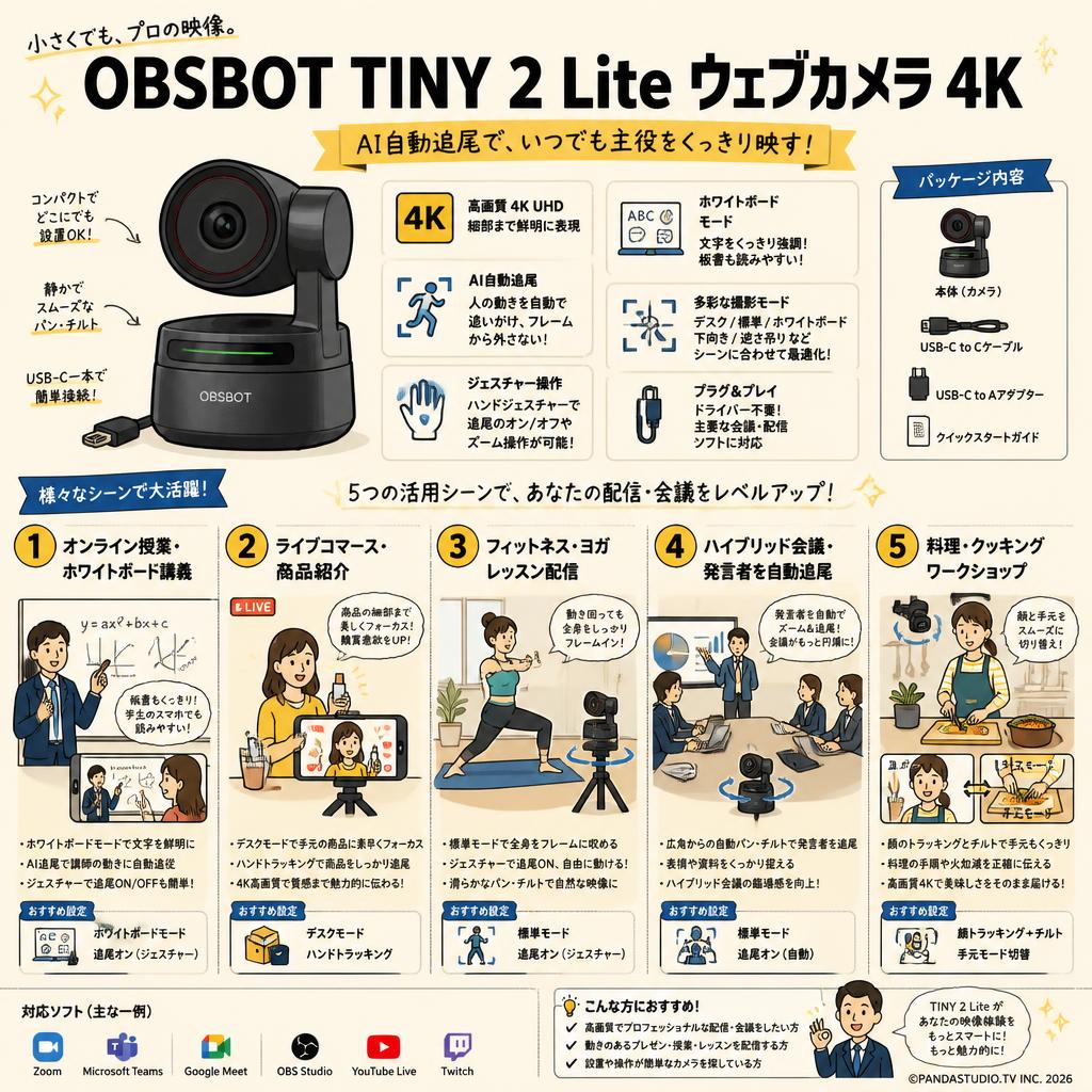 OBSBOT TINY 2 Lite Webカメラ 4K 用途