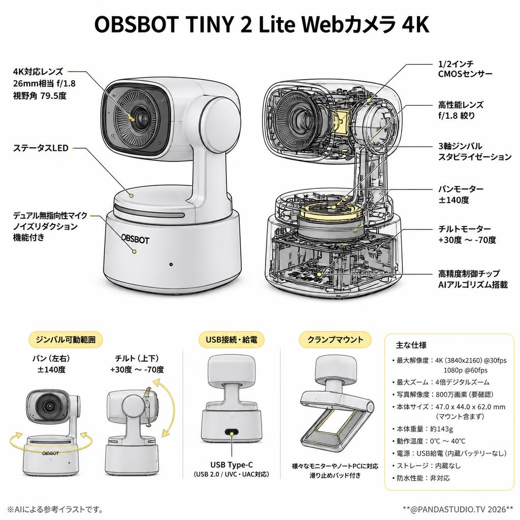 OBSBOT TINY 2 Lite Webカメラ 4K スペック