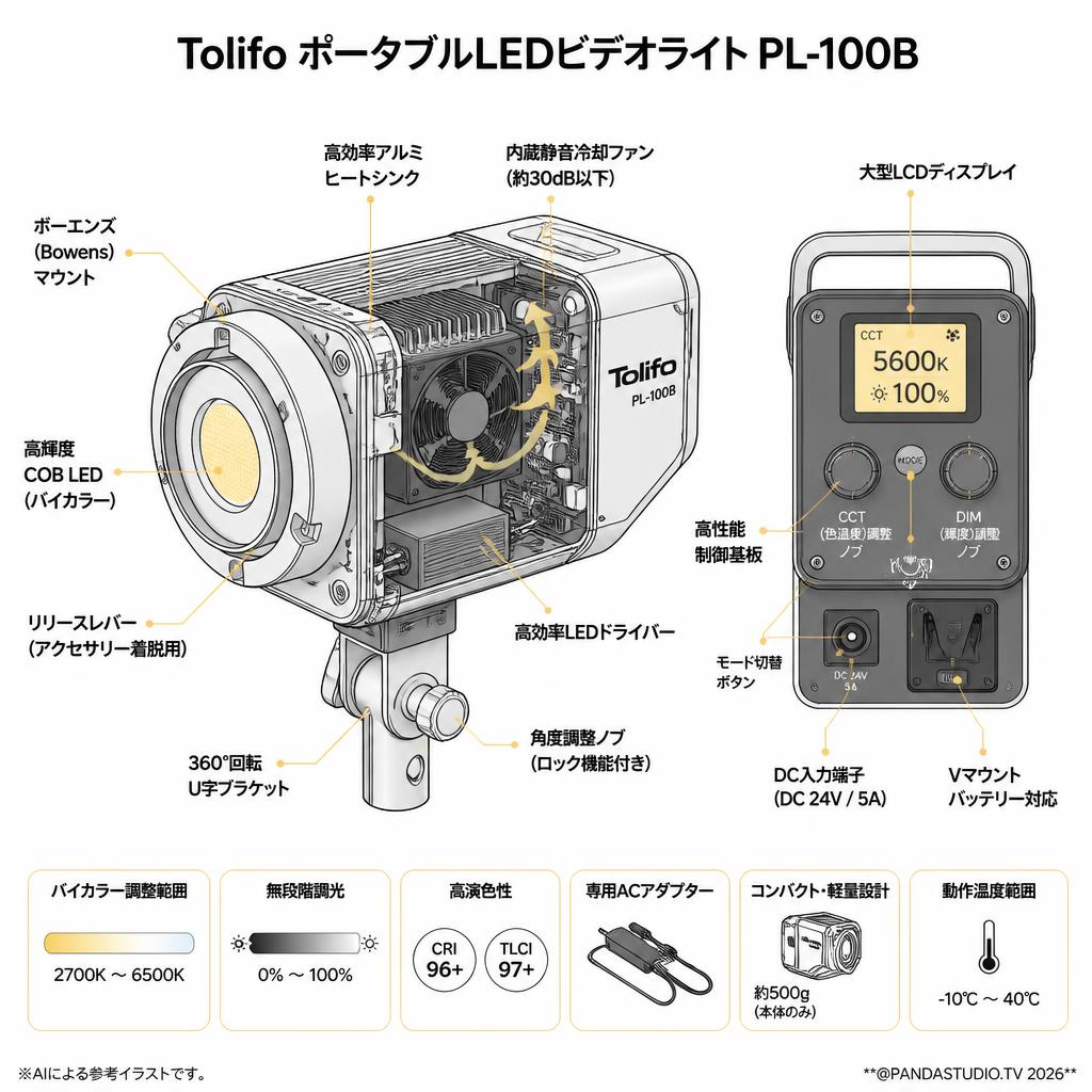Tolifo ポータブルLEDビデオライト PL-100B スペック