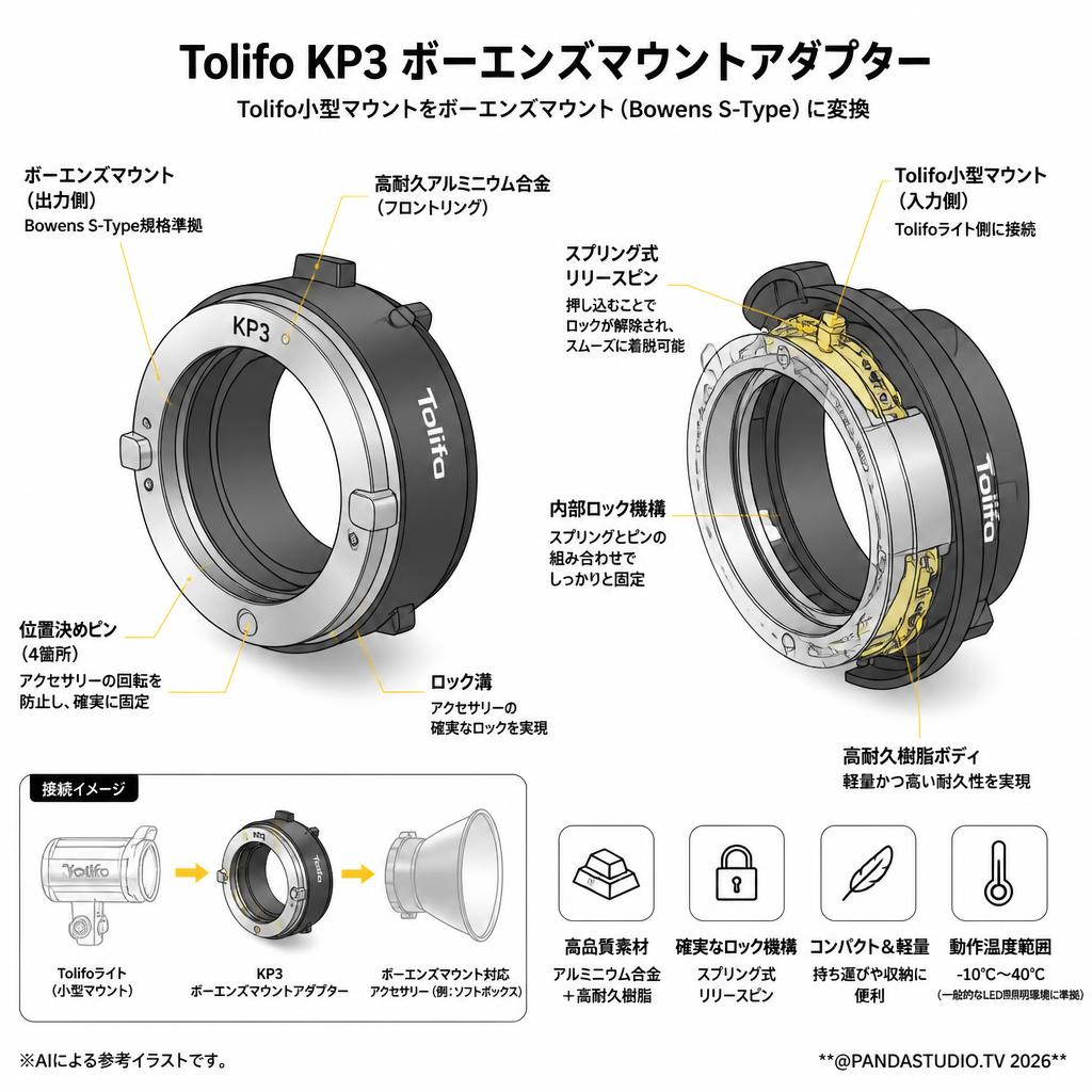 Tolifo KP3 ボーエンズマウントアダプター スペック