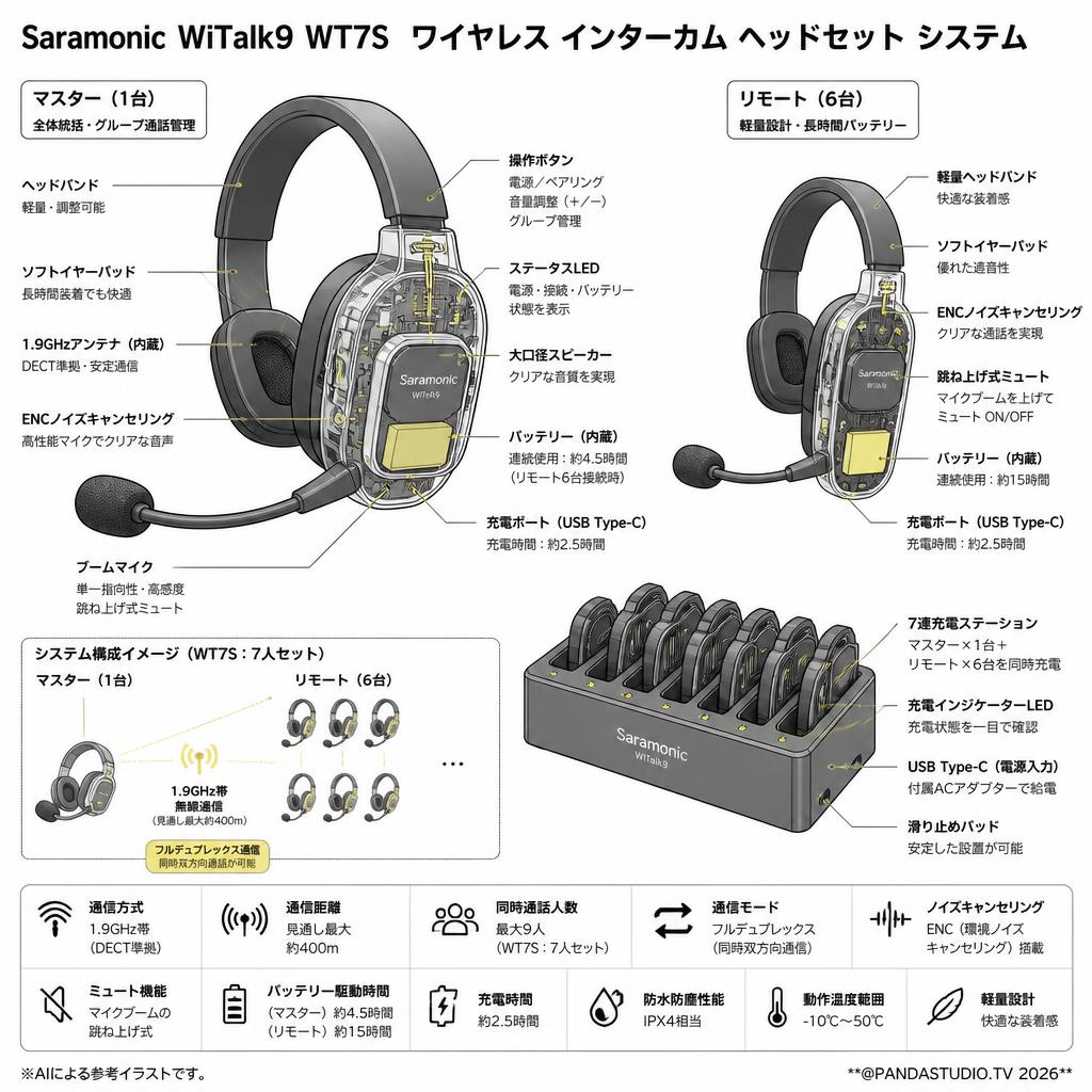 Saramonic WiTalk9 WT7S　ワイヤレス インターカム ヘッドセット システム スペック