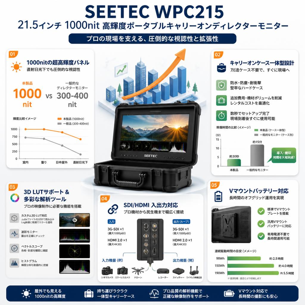 SEETEC WPC215 21.5 インチ 1000nit 高輝度ポータブルキャリーオンディレクターモニター セールスポイント