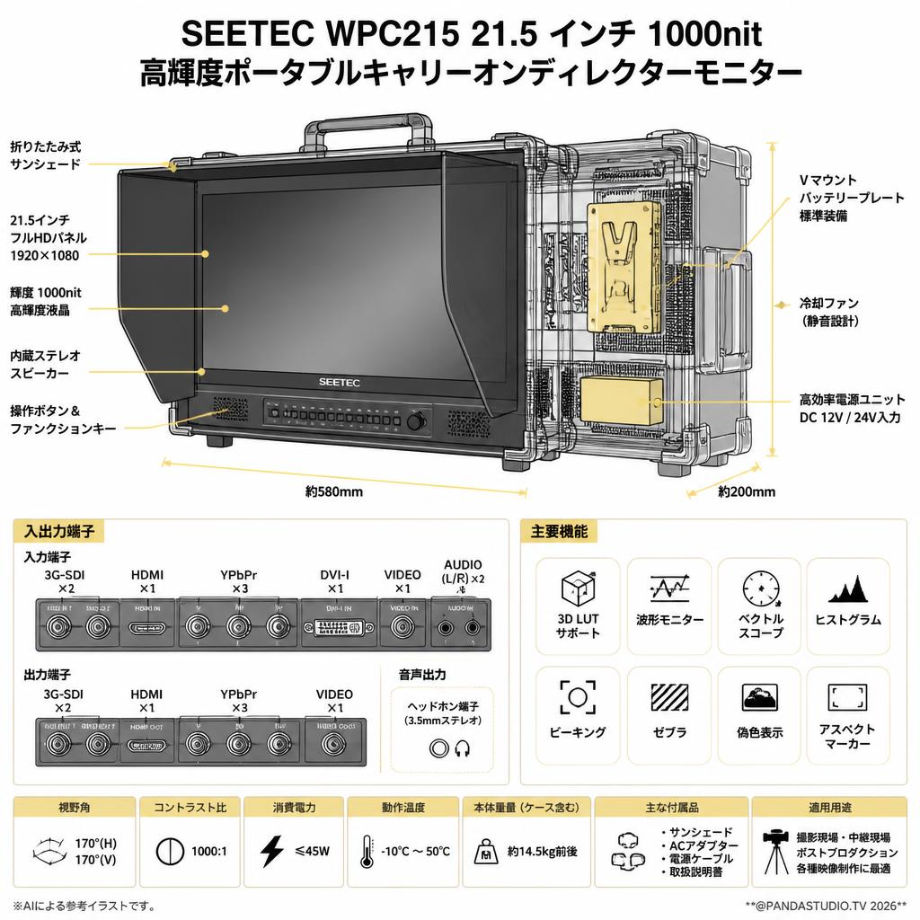 SEETEC WPC215 21.5 インチ 1000nit 高輝度ポータブルキャリーオンディレクターモニター スペック