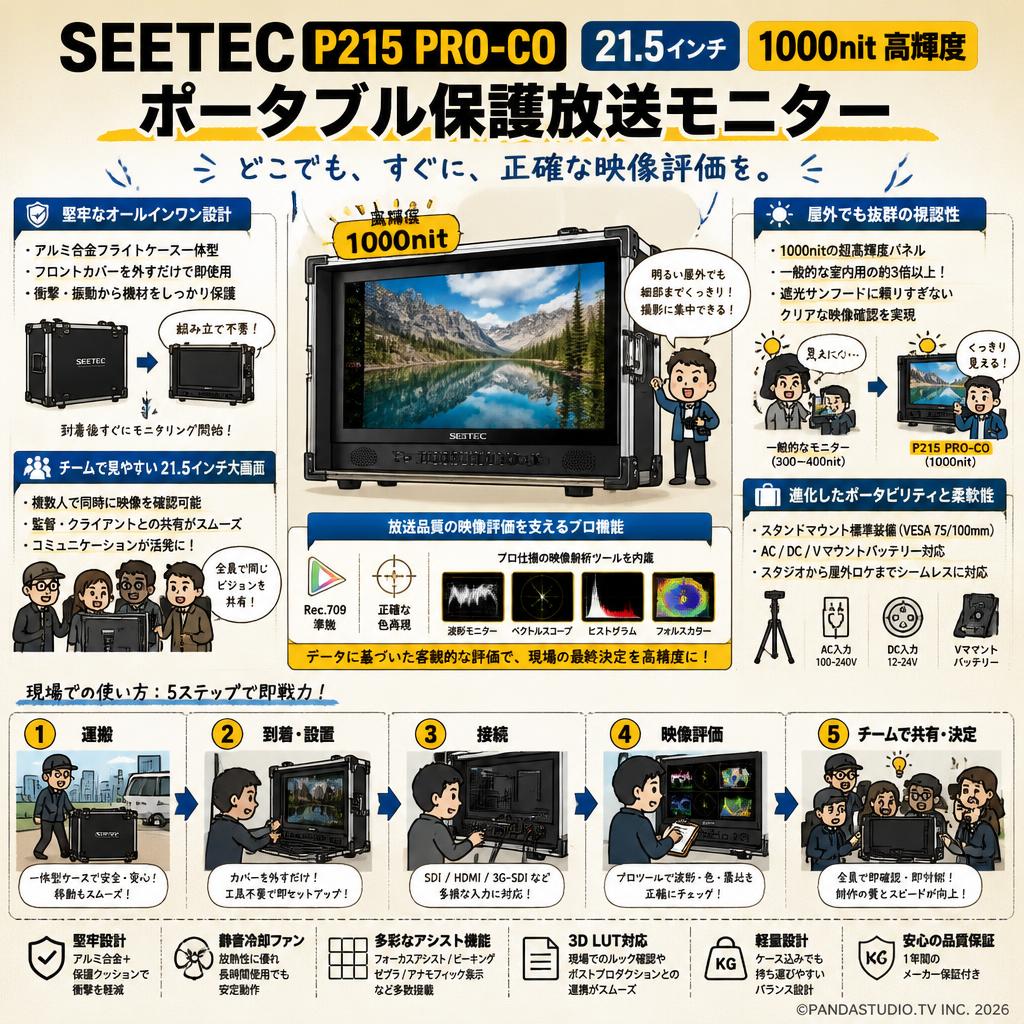 SEETEC P215 PRO-CO 21.5 インチ 1000nit 高輝度ポータブル保護放送モニター 概要