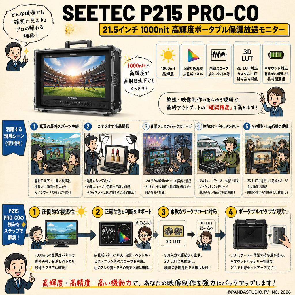SEETEC P215 PRO-CO 21.5 インチ 1000nit 高輝度ポータブル保護放送モニター 用途
