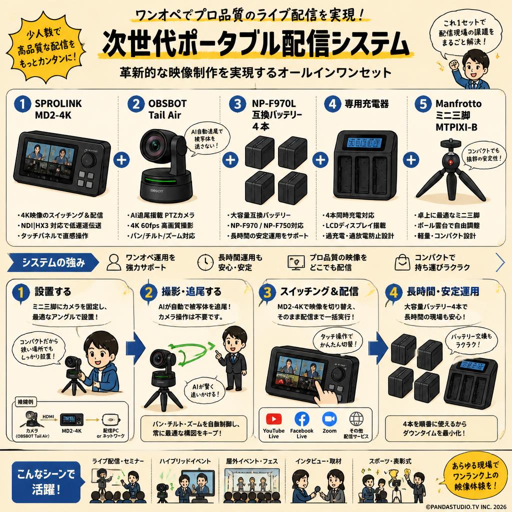 SPROLINK MD2-4K＋OBSBOT Tail Air＋NP-F970L 互換バッテリー 4本＋専用充電器＋Manfrotto ミニ三脚 MTPIXI-B 概要