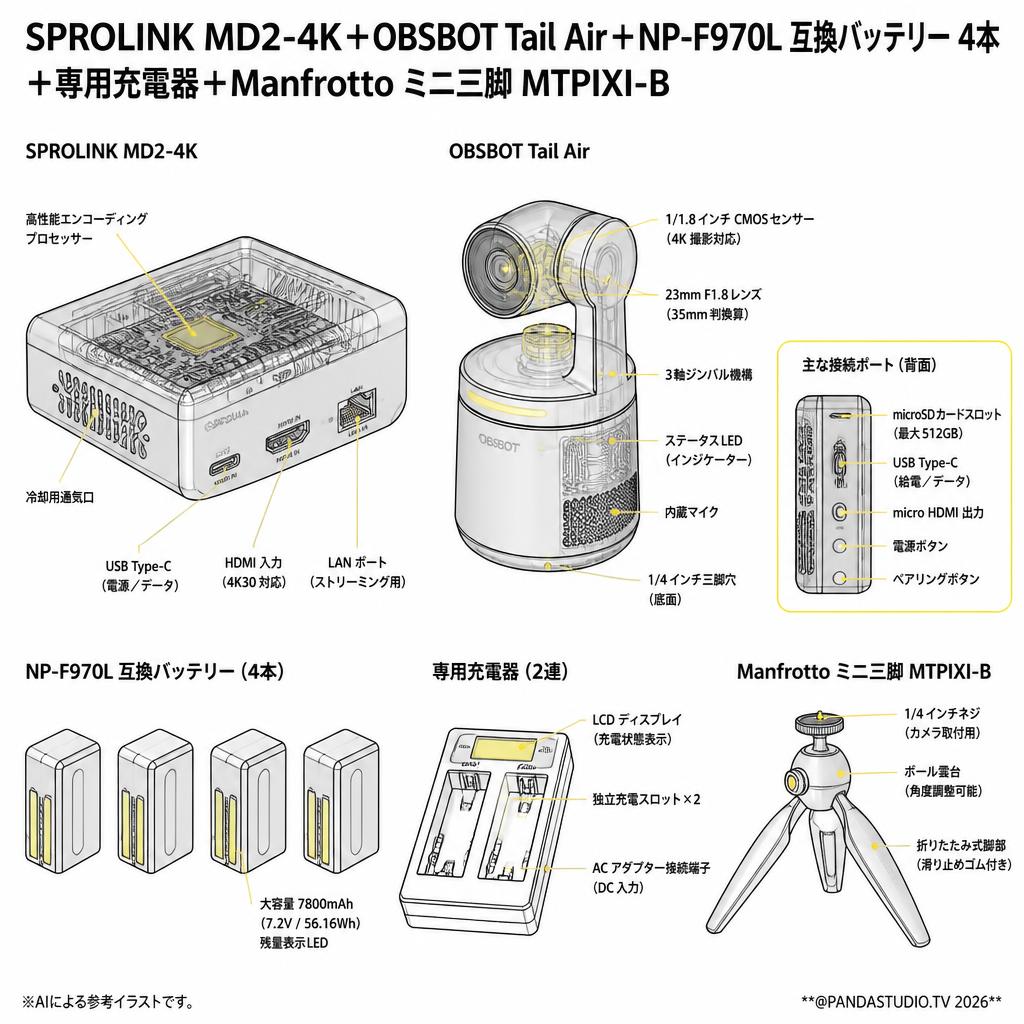 SPROLINK MD2-4K＋OBSBOT Tail Air＋NP-F970L 互換バッテリー 4本＋専用充電器＋Manfrotto ミニ三脚 MTPIXI-B スペック