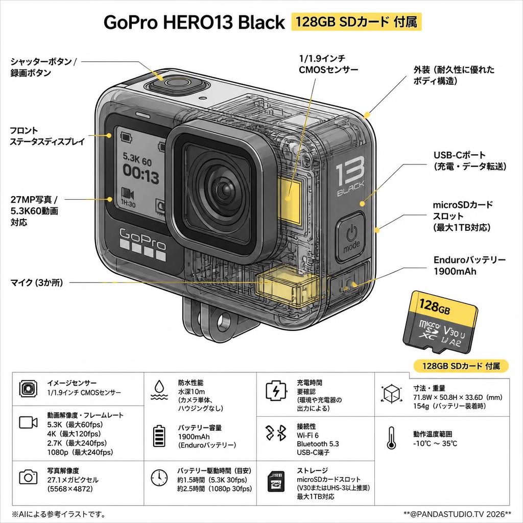 GoPro HERO13 Black 128GB SDカード 付属 スペック