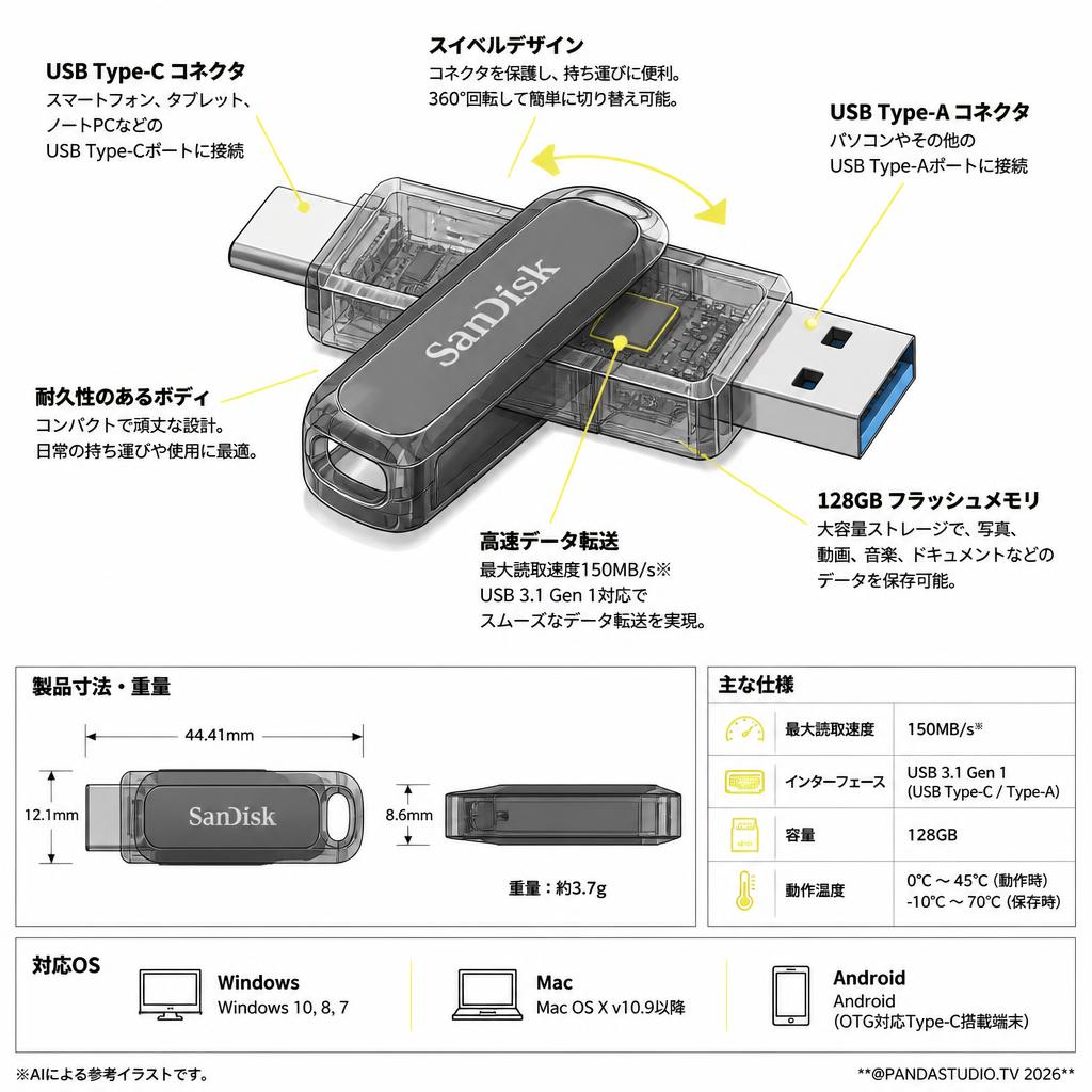 SanDisk 128GB Ultra Dual Drive Go USB Type-C Flash Drive - SDDDC3-128G-G46 スペック
