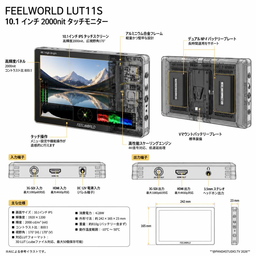FEELWORLD LUT11S 10.1 インチ 2000nit タッチモニター スペック