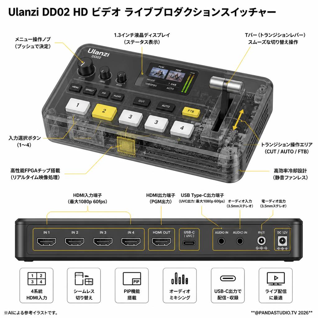 Ulanzi DD02 HD ビデオ ライブプロダクションスイッチャー スペック