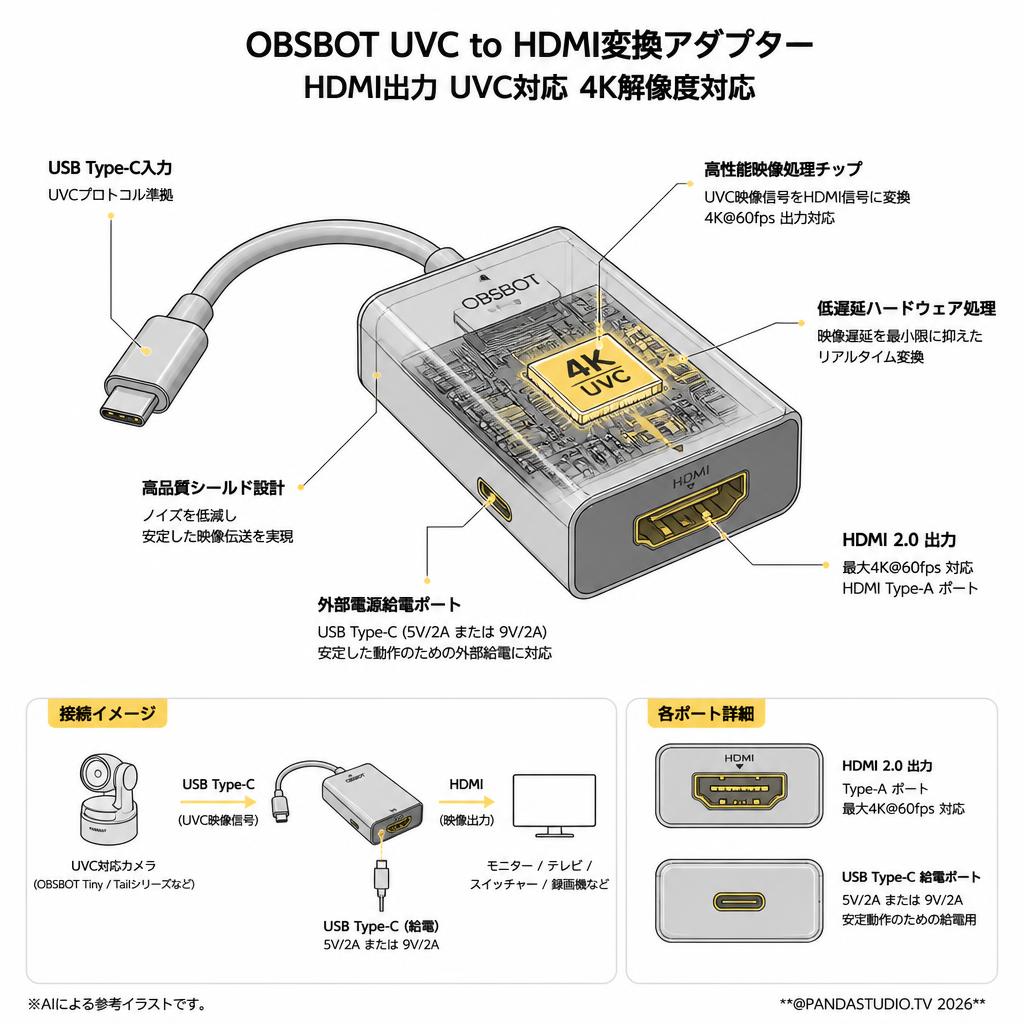 OBSBOT UVC to HDMI変換アダプター HDMI出力 UVC対応 4K解像度対応 スペック