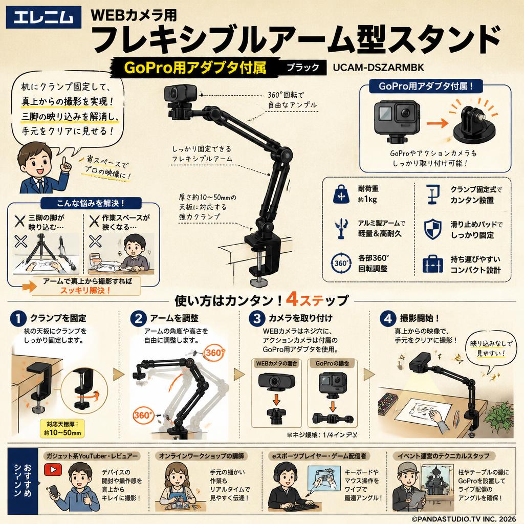 エレコム WEBカメラ用フレキシブルアーム型スタンド GoPro用アダプタ付属 ブラック UCAM-DSZARMBK おもな対象のお客様