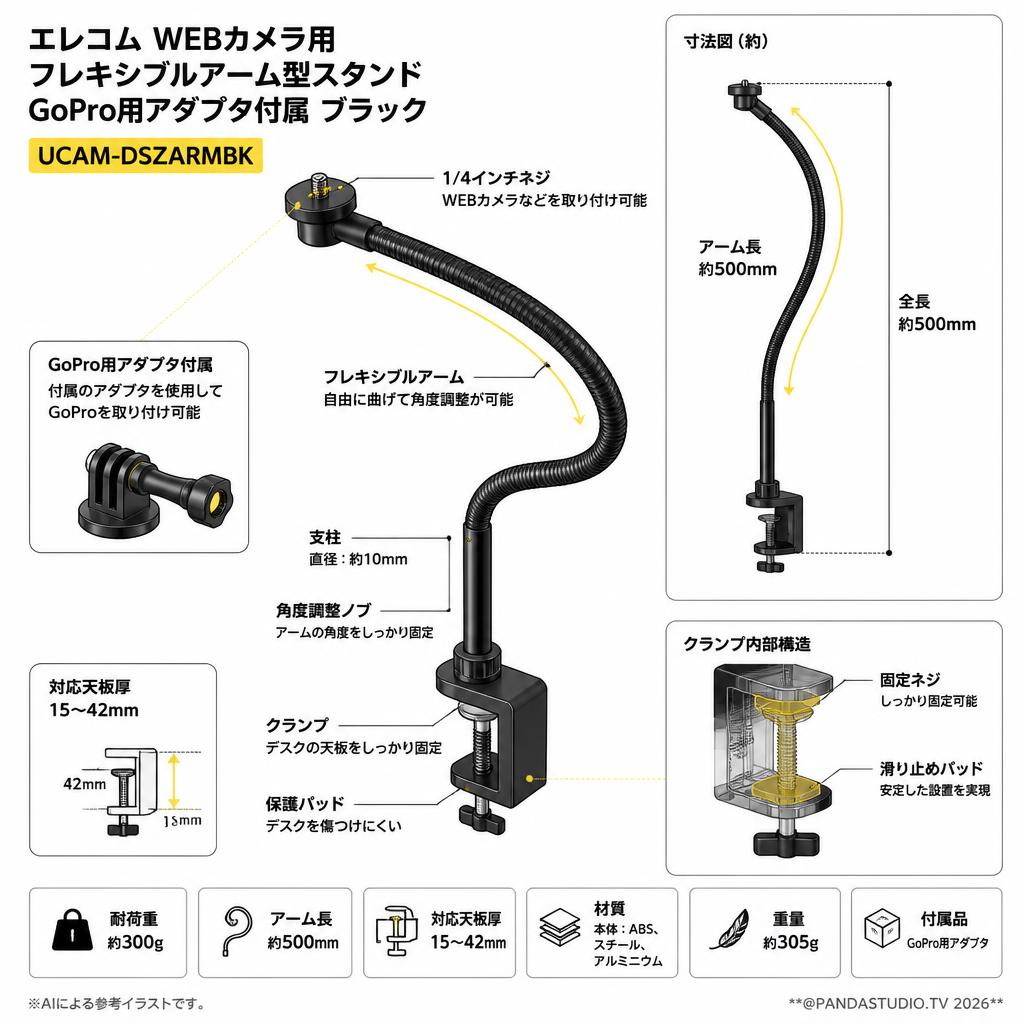 エレコム WEBカメラ用フレキシブルアーム型スタンド GoPro用アダプタ付属 ブラック UCAM-DSZARMBK スペック