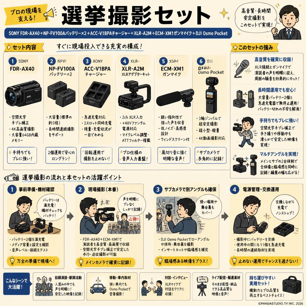 選挙撮影セット　SONY FDR-AX40＋NP-FV100Aバッテリー×2＋ACC-V1BPAチャージャー＋XLR-A2M +ECM-XM1ガンマイク+DJI Osmo Pocket 概要