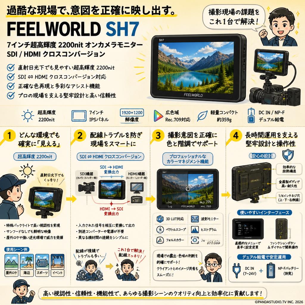 FEELWORLD SH7 7 インチ超高輝度 2200nit オンカメラ モニター SDI HDMI クロス コンバージョン 概要