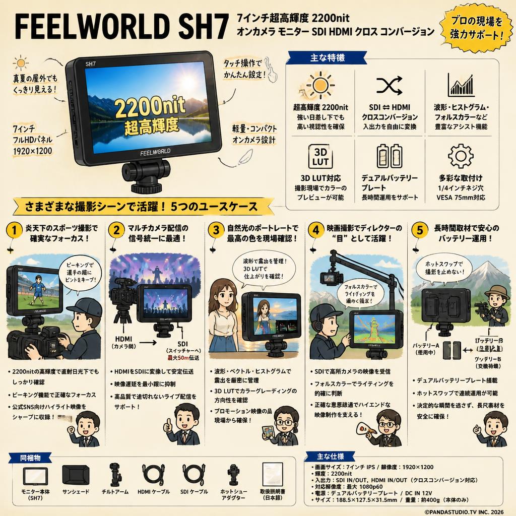 FEELWORLD SH7 7 インチ超高輝度 2200nit オンカメラ モニター SDI HDMI クロス コンバージョン 用途