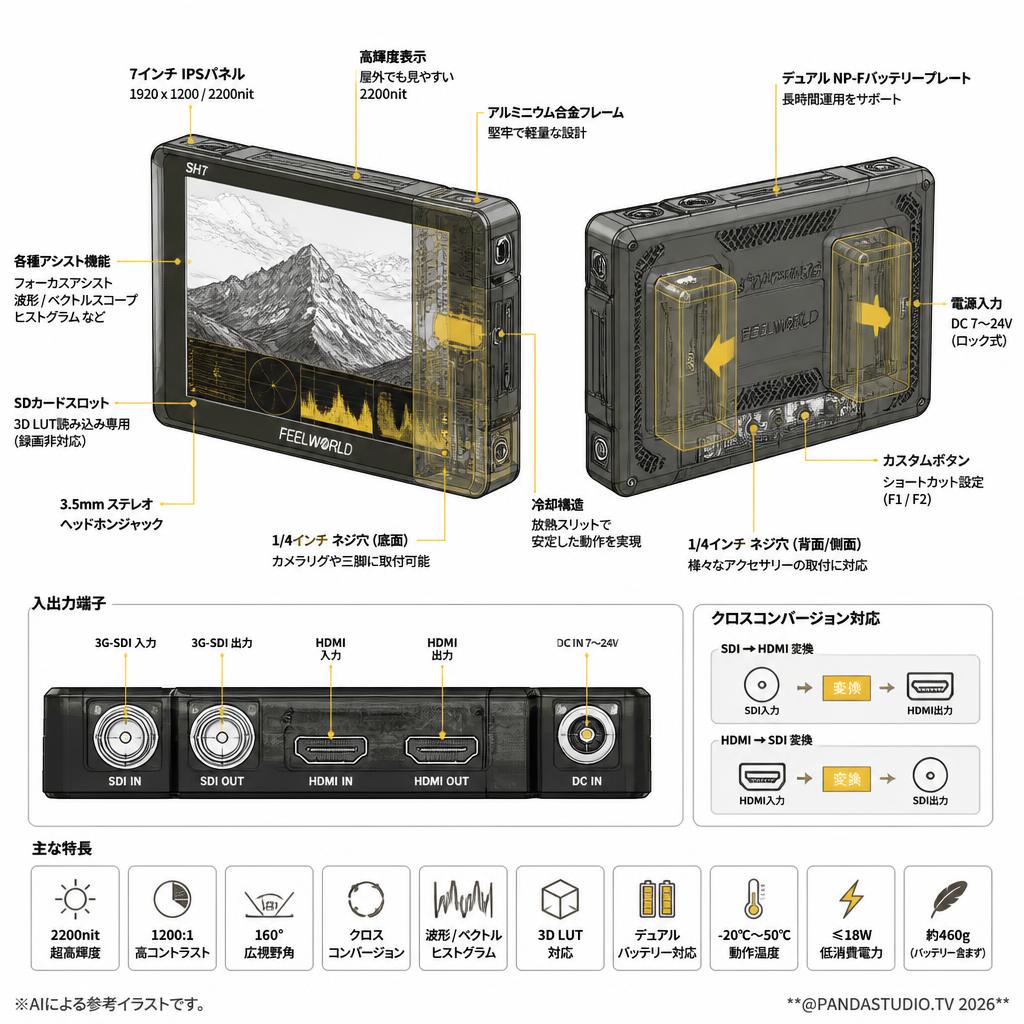 FEELWORLD SH7 7 インチ超高輝度 2200nit オンカメラ モニター SDI HDMI クロス コンバージョン スペック