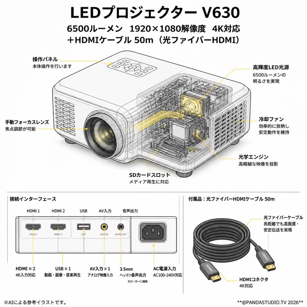 LEDプロジェクター V630 6500ルーメン 1920×1080解像度 4K対応＋HDMIケーブル 50m （光ファイバーHDMI） スペック