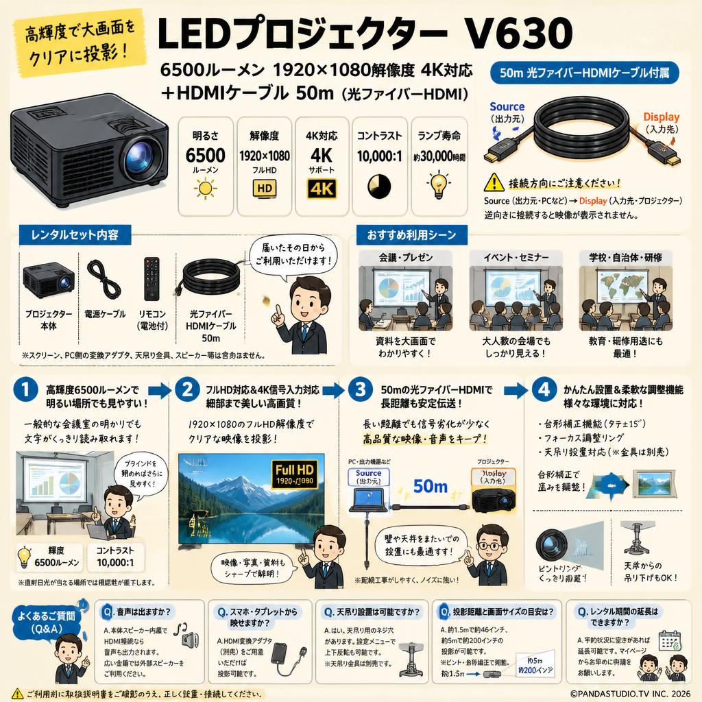 LEDプロジェクター V630 6500ルーメン 1920×1080解像度 4K対応＋HDMIケーブル 50m （光ファイバーHDMI） FAQ（よくある質問と答え）