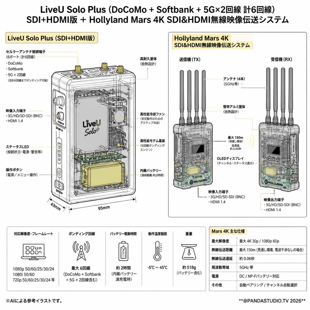 LiveU Solo Plus（DoCoMo + Softbank ＋5G× 2回線 計6回線）SDI+HDMI版＋Hollyland Mars 4K SDI&HDMI無線映像伝送システム スペック