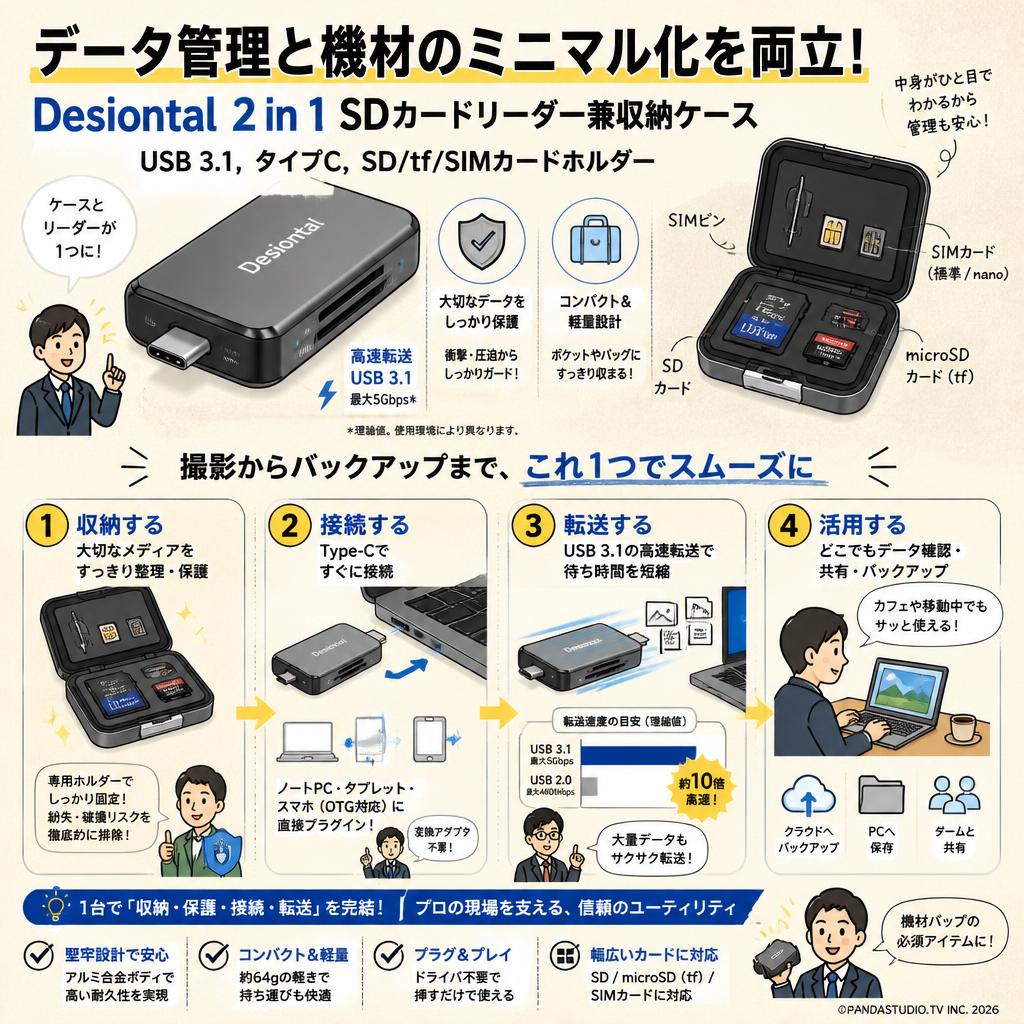 Desiontal 2 in 1 SDカードリーダー兼収納ケースUSB 3.1,タイプC,SD/tf/SIMカードホルダー 概要