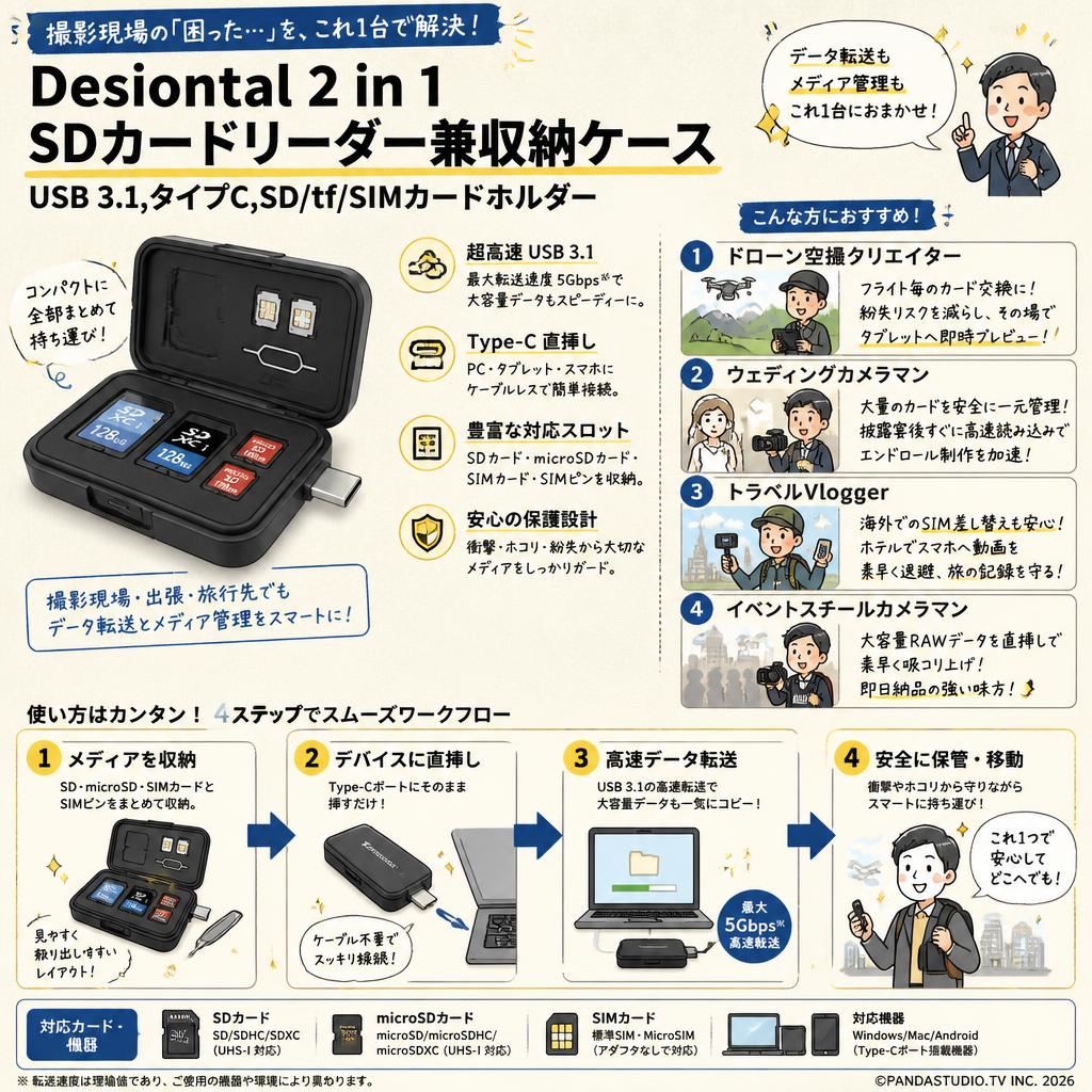 Desiontal 2 in 1 SDカードリーダー兼収納ケースUSB 3.1,タイプC,SD/tf/SIMカードホルダー おもな対象のお客様