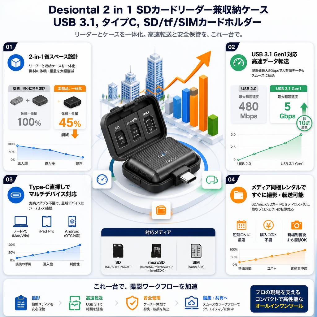 Desiontal 2 in 1 SDカードリーダー兼収納ケースUSB 3.1,タイプC,SD/tf/SIMカードホルダー セールスポイント