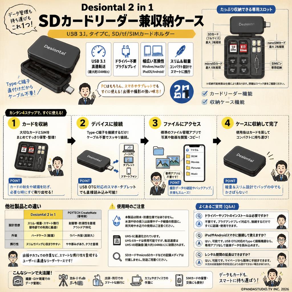 Desiontal 2 in 1 SDカードリーダー兼収納ケースUSB 3.1,タイプC,SD/tf/SIMカードホルダー FAQ（よくある質問と答え）