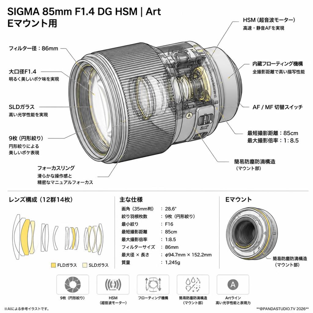 SIGMA 85mm F1.4 DG HSM | Art Eマウント用 スペック