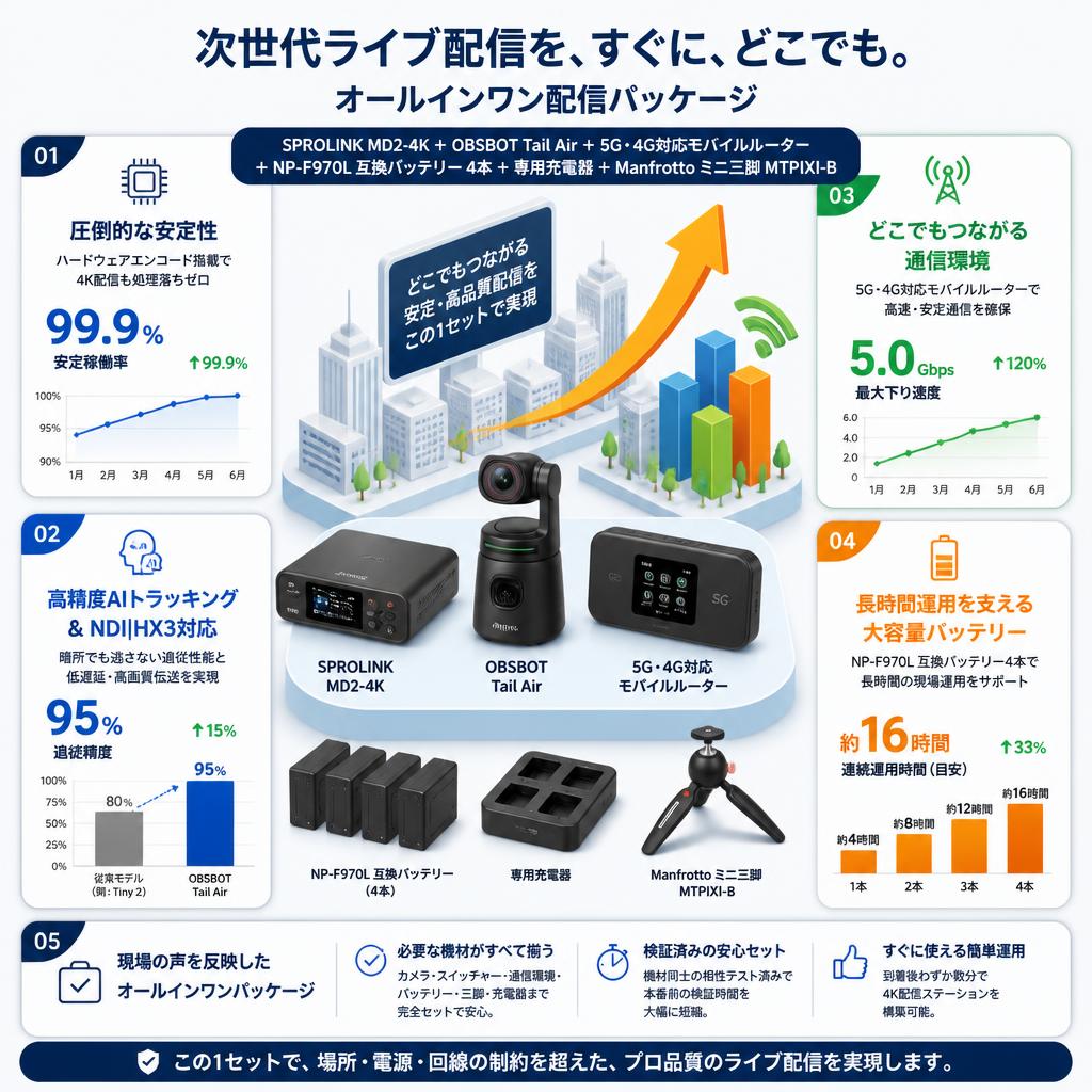 SPROLINK MD2-4K＋OBSBOT Tail Air＋5G・4G対応モバイルルーター+NP-F970L 互換バッテリー 4本＋専用充電器＋Manfrotto ミニ三脚 MTPIXI-B セールスポイント