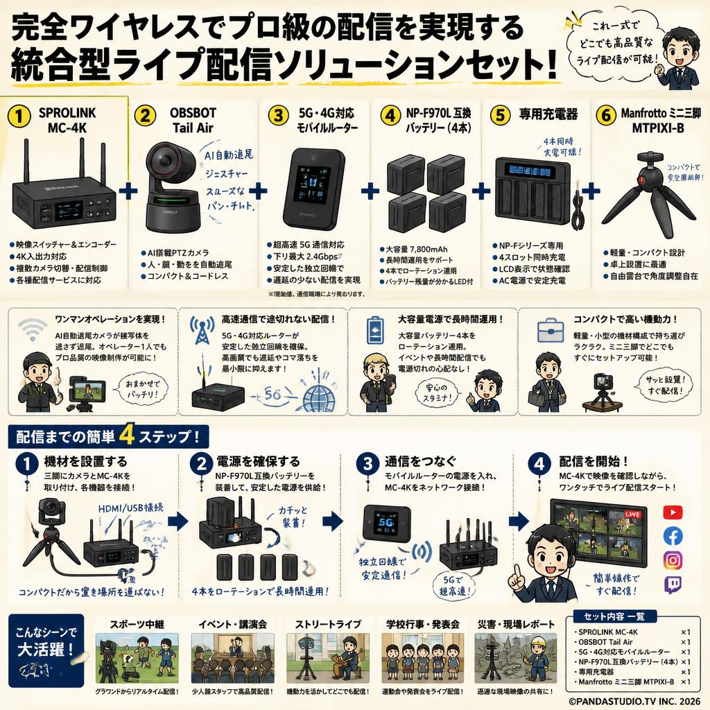 SPROLINK MC-4K ＋OBSBOT Tail Air＋5G・4G対応モバイルルーター+NP-F970L 互換バッテリー 4本＋専用充電器＋Manfrotto ミニ三脚 MTPIXI-B 概要