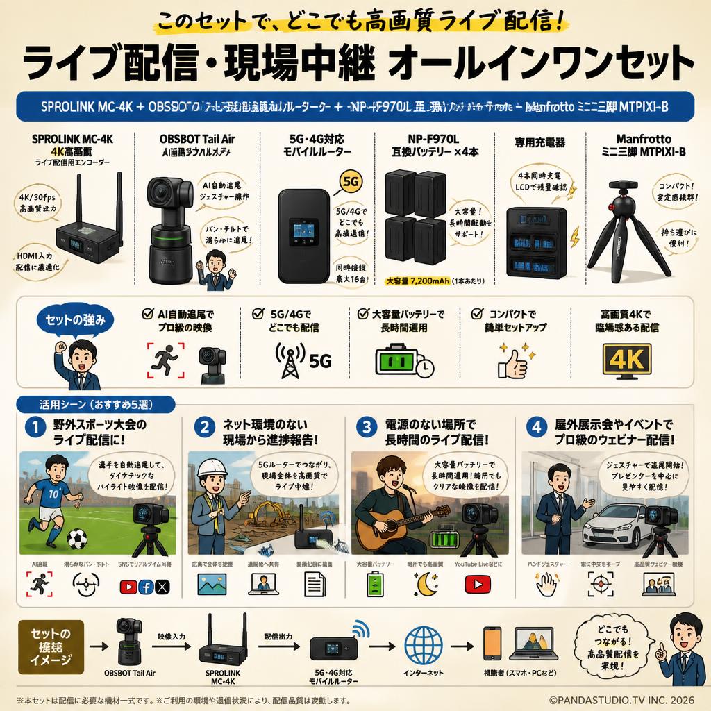 SPROLINK MC-4K ＋OBSBOT Tail Air＋5G・4G対応モバイルルーター+NP-F970L 互換バッテリー 4本＋専用充電器＋Manfrotto ミニ三脚 MTPIXI-B 用途