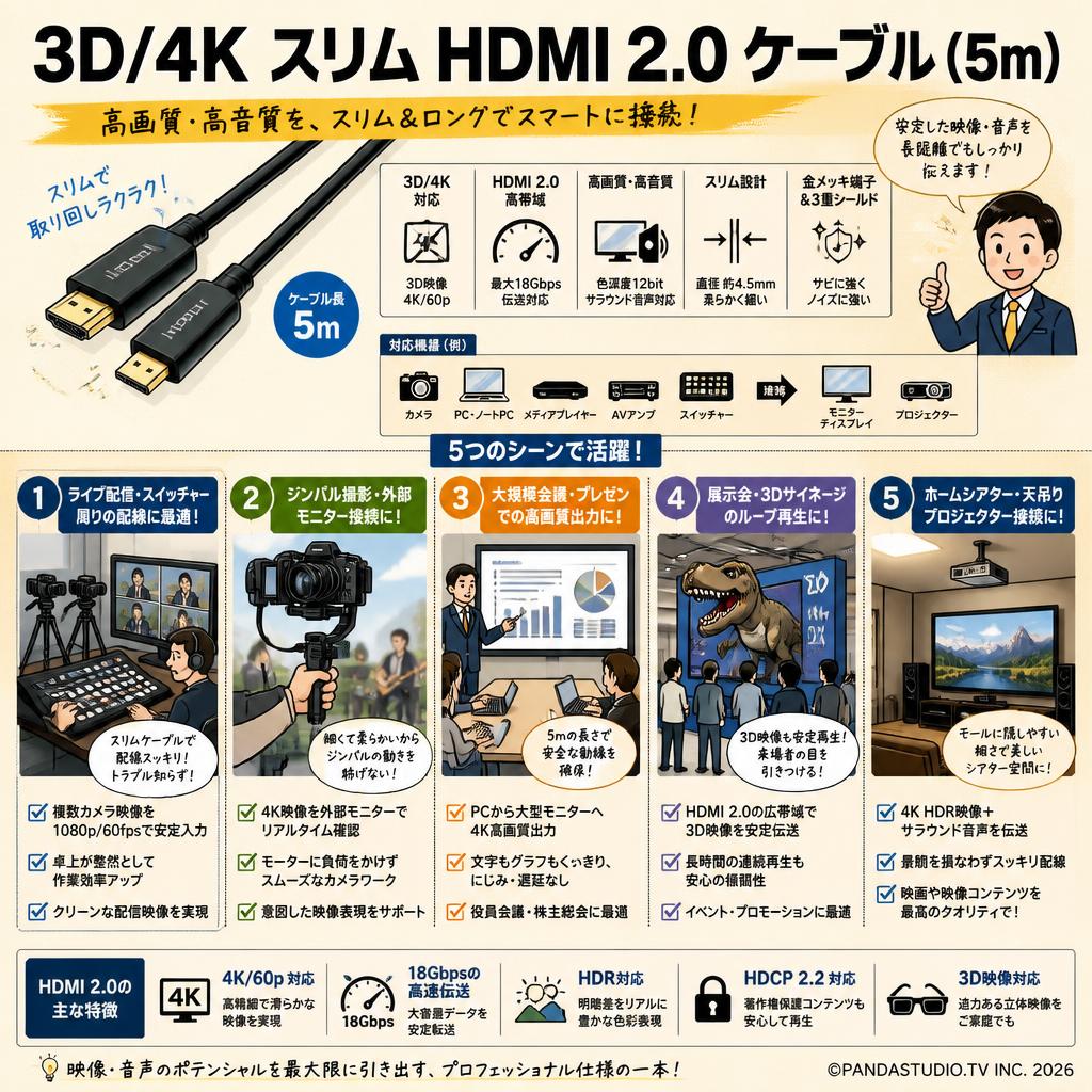 3D/4K スリム HDMI 2.0 ケーブル (5m) 用途