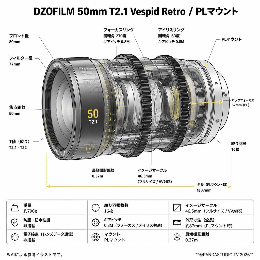 DZOFILM 50mm T2.1 Vespid Retro / PLマウント スペック