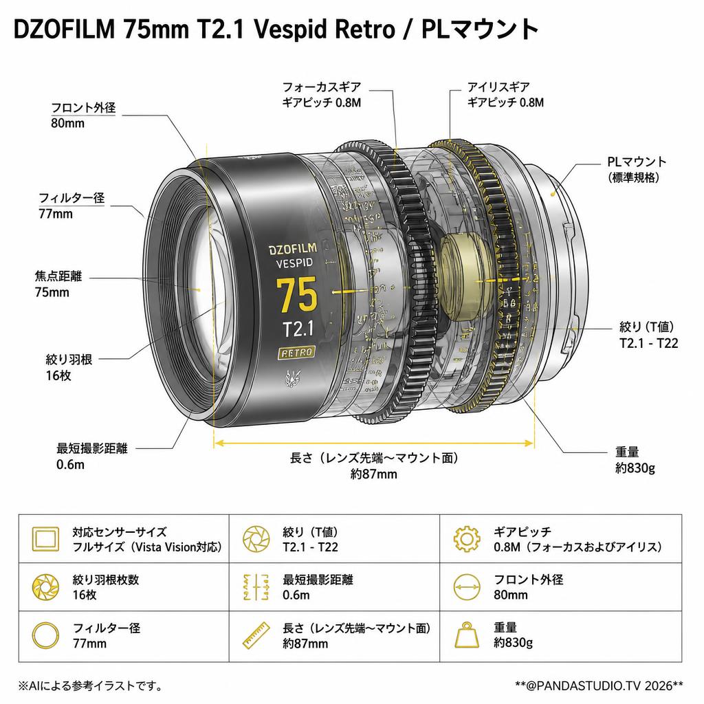 DZOFILM 75mm T2.1 Vespid Retro / PLマウント スペック