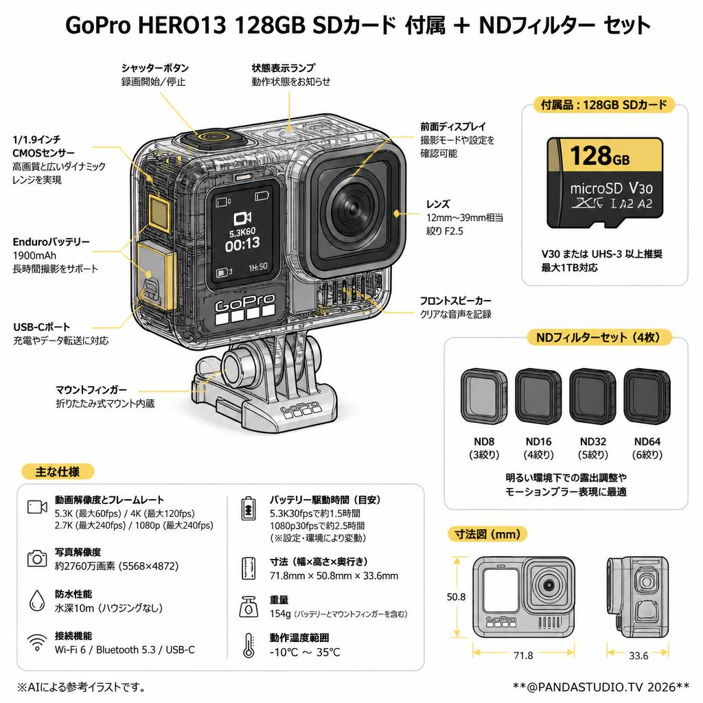 GoPro HERO13 128GB SDカード 付属＋NDフィルター セット スペック