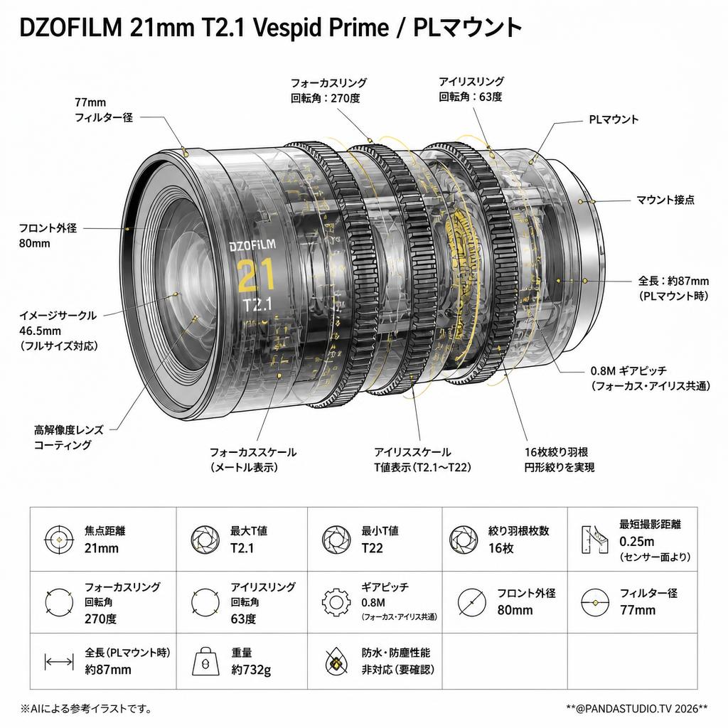 DZOFILM 21mm T2.1 Vespid Prime / PLマウント スペック