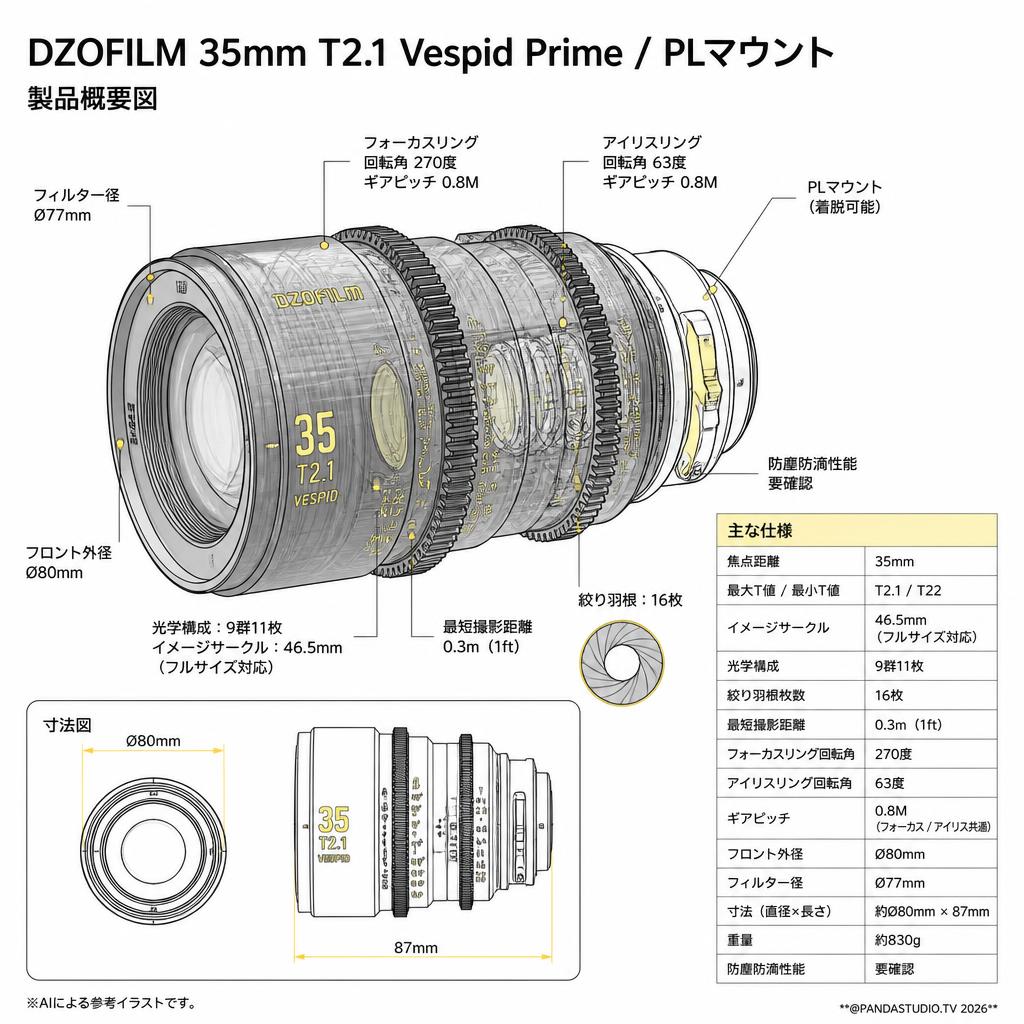 DZOFILM 35mm T2.1 Vespid Prime / PLマウント スペック