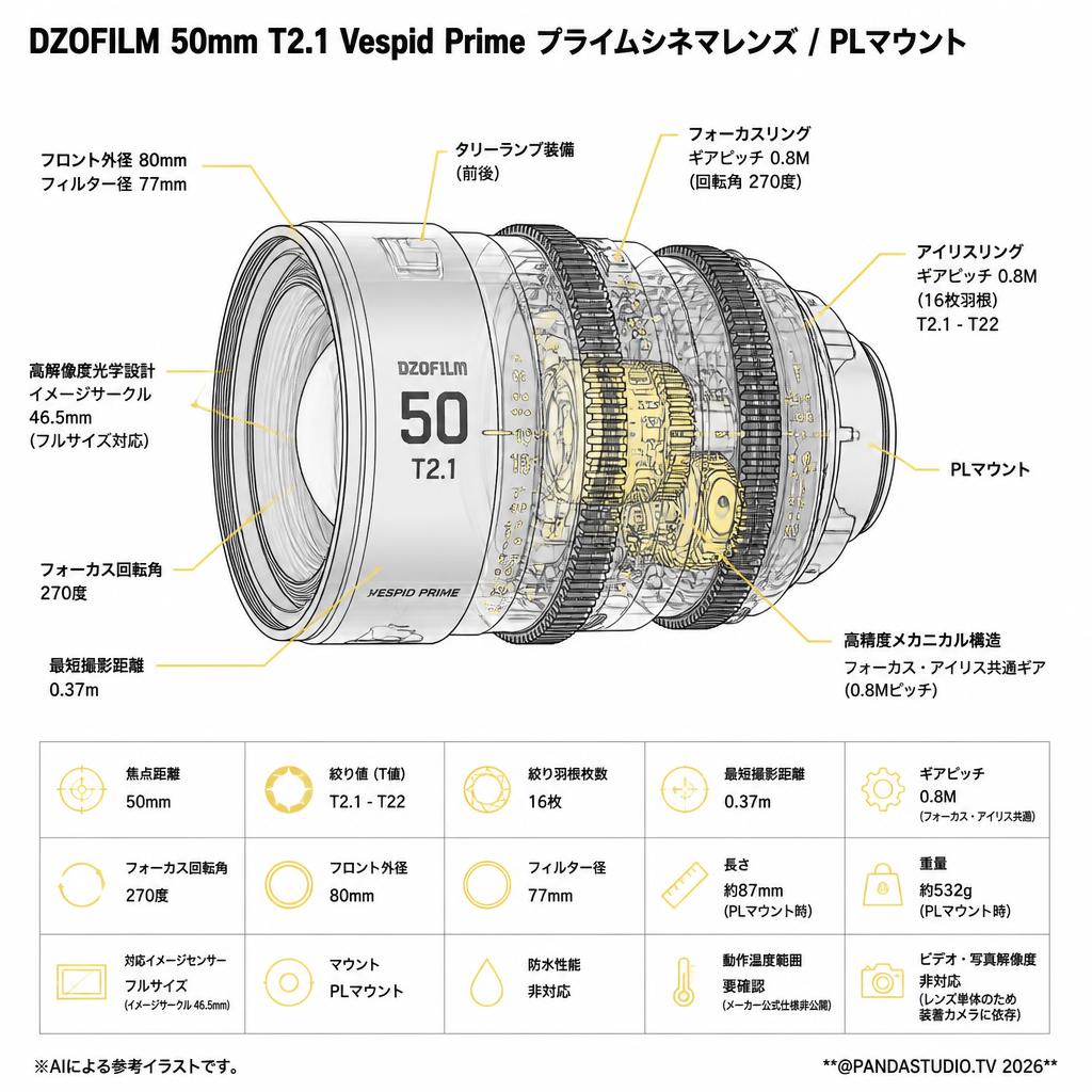 DZOFILM 50mm T2.1 Vespid Prime プライムシネマレンズ / PLマウント スペック