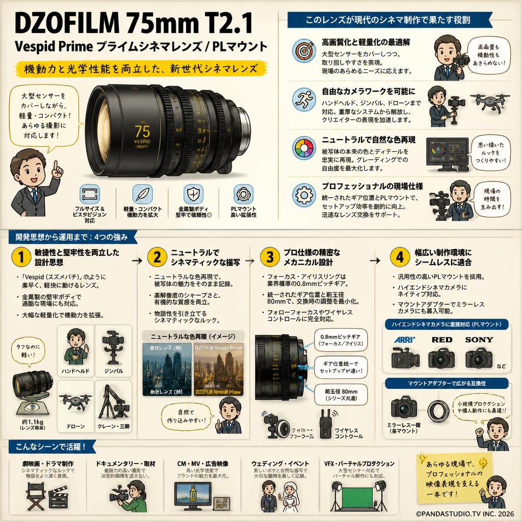 DZOFILM 75mm T2.1 Vespid Prime プライムシネマレンズ /  PLマウント 概要